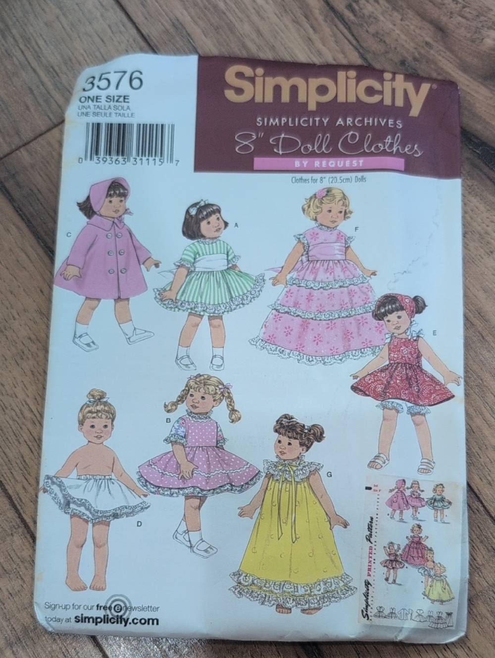 Simplicity 8" Doll Clothes Pattern — Pink, Yellow, Green & Red Designs